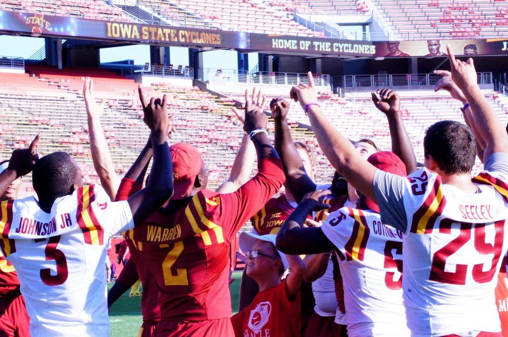 A touchdown celebration — one of many — at ISU's Victory Day on Aug. 26, 2016. 