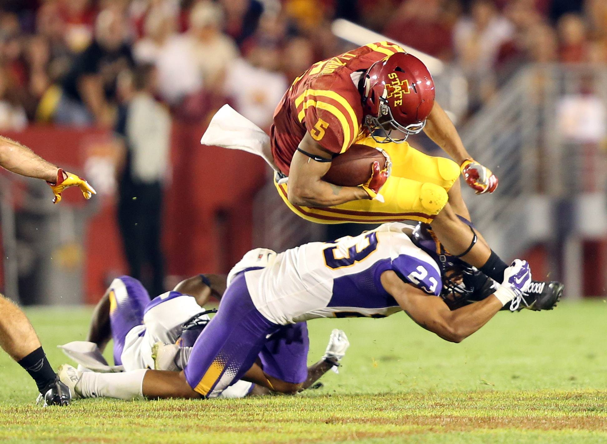 Sep 3, 2016; Ames, IA, USA; Northern Iowa Panthers linebacker A.J. Allen (23) tackles Iowa State Cyclones wide receiver Allen Lazard (5) at Jack Trice Stadium. The Panthers beat the Cyclones 25-20. Mandatory Credit: Reese Strickland-USA TODAY Sports