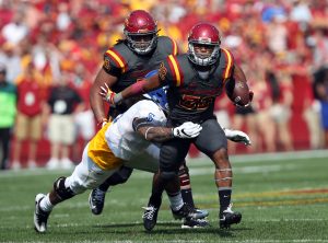 Sep 24, 2016; Ames, IA, USA; Iowa State Cyclones running back David Montgomery (32) carries the football against the San Jose State Spartans at Jack Trice Stadium. Mandatory Credit: Reese Strickland-USA TODAY Sports