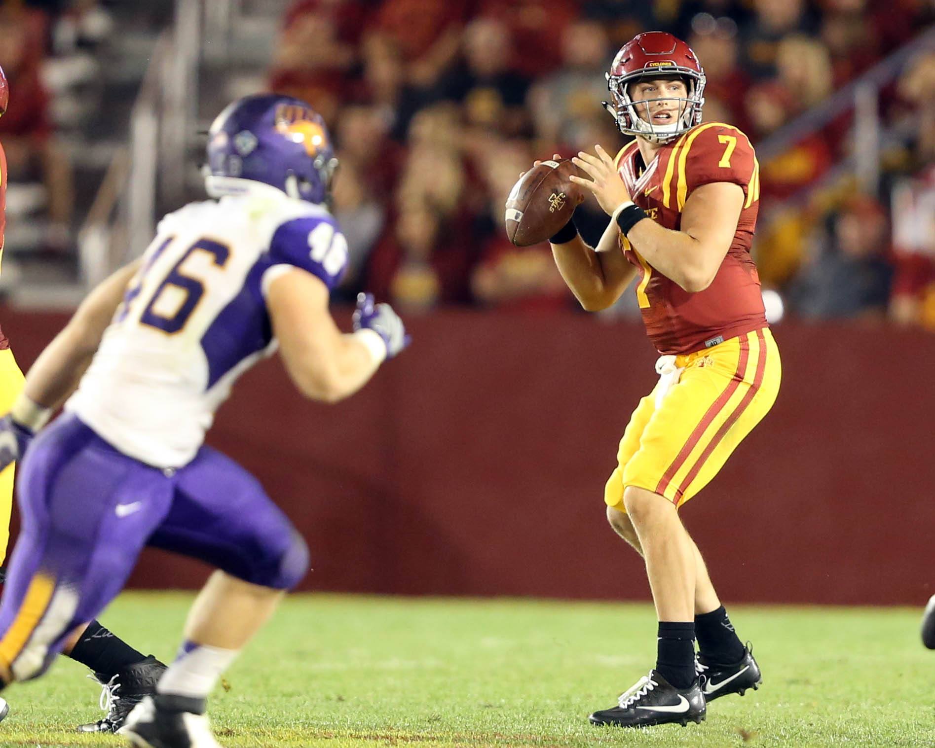 Sep 3, 2016; Ames, IA, USA; Iowa State Cyclones quarterback Joel Lanning (7) looks to pass against the Northern Iowa Panthers at Jack Trice Stadium. The Panthers beat the Cyclones 25-20. Mandatory Credit: Reese Strickland-USA TODAY Sports