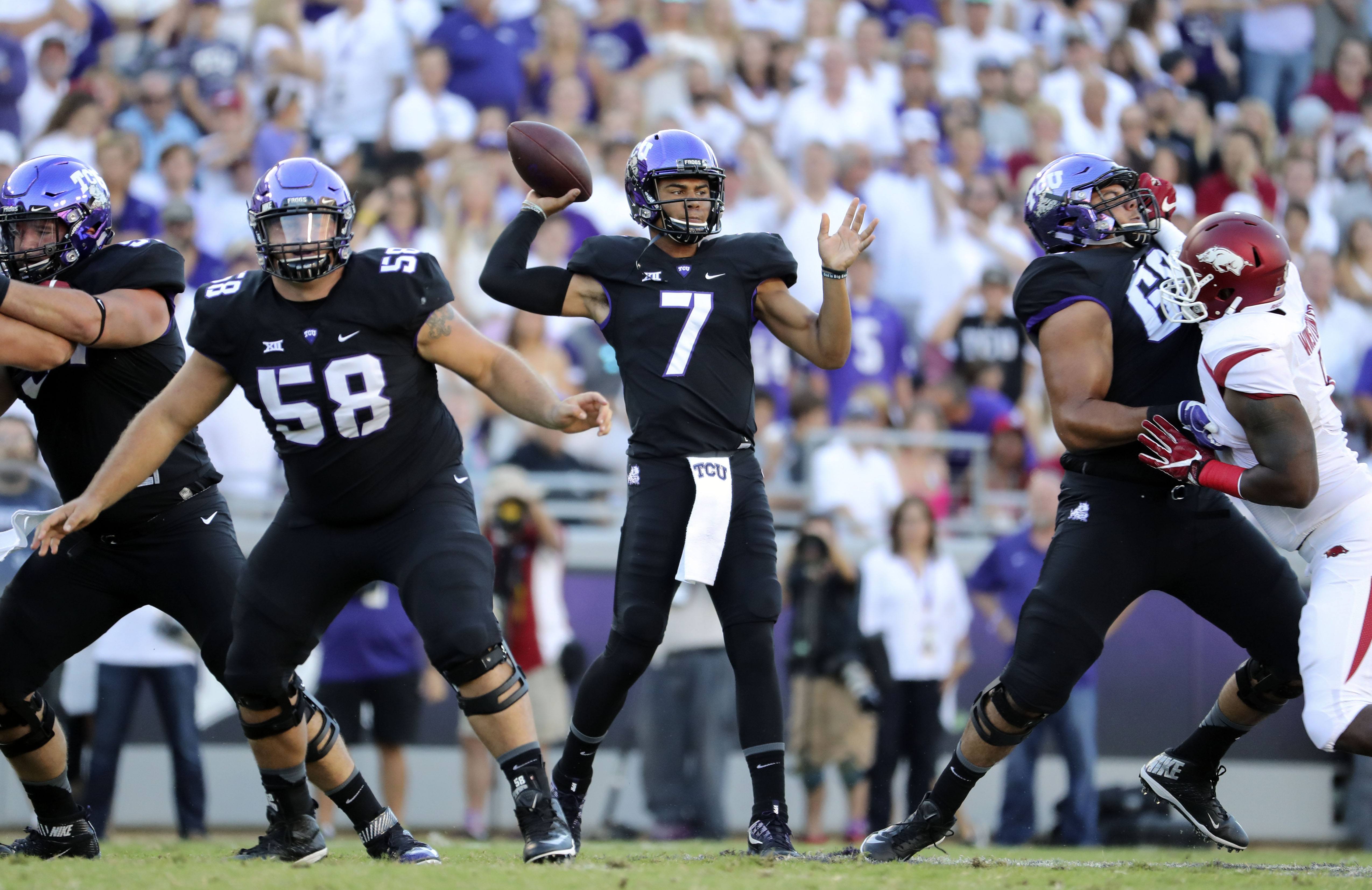 Sep 10, 2016; Fort Worth, TX, USA; TCU Horned Frogs quarterback Kenny Hill (7) throws during the first quarter against the Arkansas Razorbacks at Amon G. Carter Stadium. Mandatory Credit: Kevin Jairaj-USA TODAY Sports