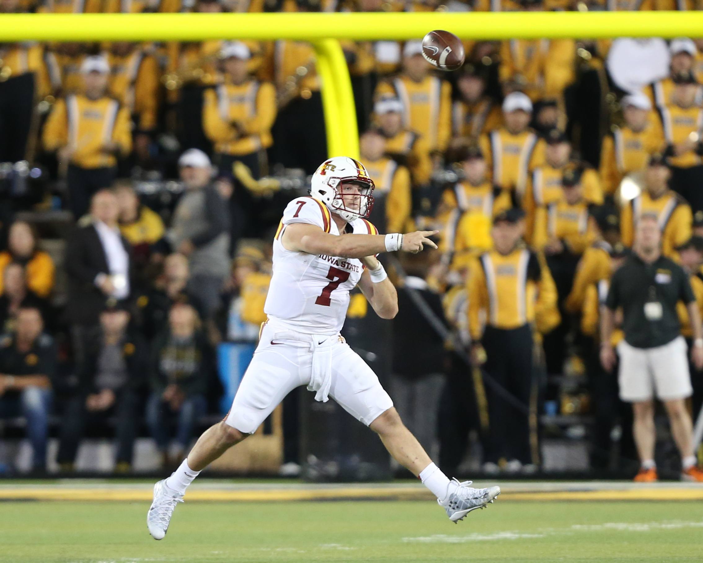 Sep 10, 2016; Iowa City, IA, USA; Iowa State Cyclones quarterback Joel Lanning (7) throws a pass in the second half against the Iowa Hawkeyes at Kinnick Stadium. The Hawkeyes beat the Cyclones 42-3. Mandatory Credit: Reese Strickland-USA TODAY Sports