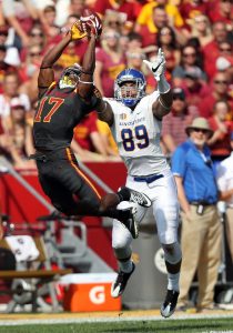 Sep 24, 2016; Ames, IA, USA; Iowa State Cyclones defensive back Jomal Wiltz (17) intercepts the pass in front of San Jose State Spartans tight end Josh Oliver (89) at Jack Trice Stadium. Mandatory Credit: Reese Strickland-USA TODAY Sports
