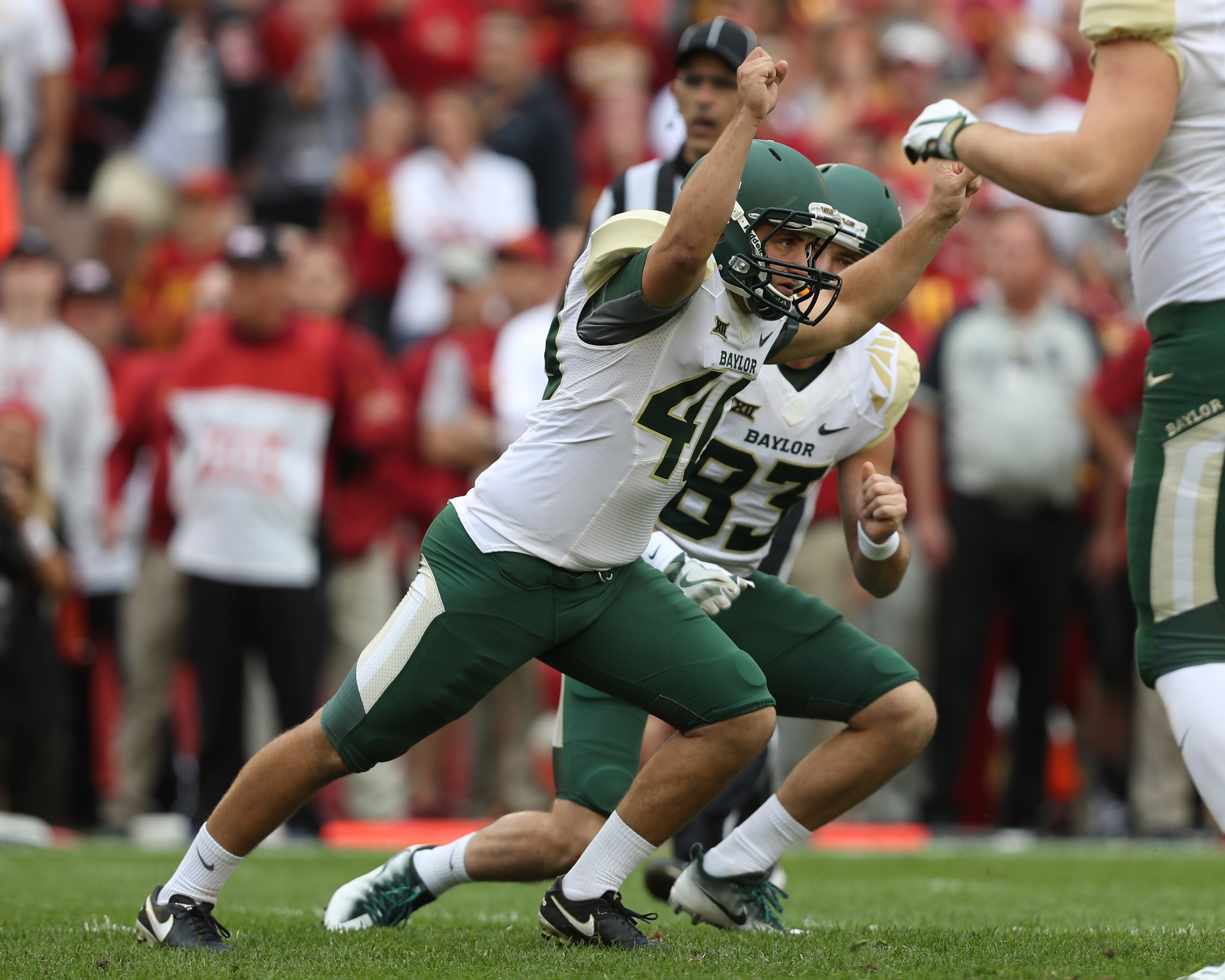Oct 1, 2016; Ames, IA, USA; Baylor Bears place kicker Chris Callahan (40) celebrates after kicking a field goal as time expired to beat the Iowa State Cyclones at Jack Trice Stadium. The Bears beat the Cyclones 45-42. Mandatory Credit: Reese Strickland-USA TODAY Sports
