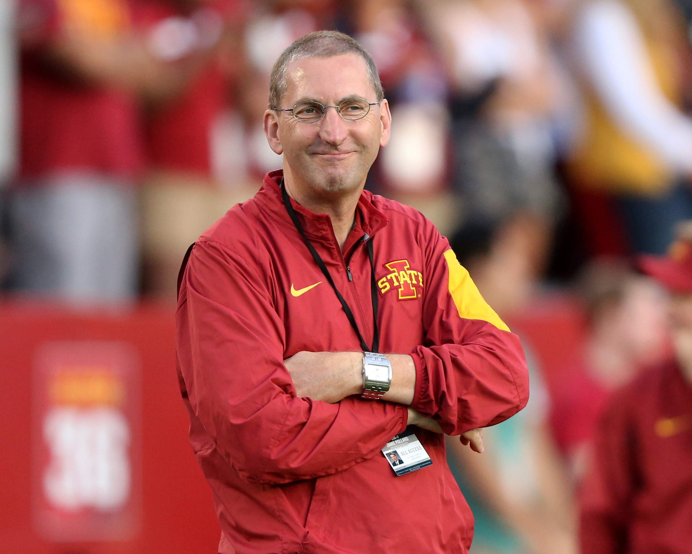 Sep 3, 2016; Ames, IA, USA; Iowa State athletic director Jamie Pollard watches the Cyclones pregame warmups for their game against the Northern Iowa Panthers at Jack Trice Stadium. Mandatory Credit: Reese Strickland-USA TODAY Sports