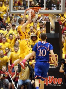 Jan 25, 2016; Ames, IA, USA; Iowa State Cyclones guard Matt Thomas (21) dunks late in the game against the Kansas Jayhawks at James H. Hilton Coliseum. The Cyclones beat the Jayhawks 85-72. Mandatory Credit: Reese Strickland-USA TODAY Sports
