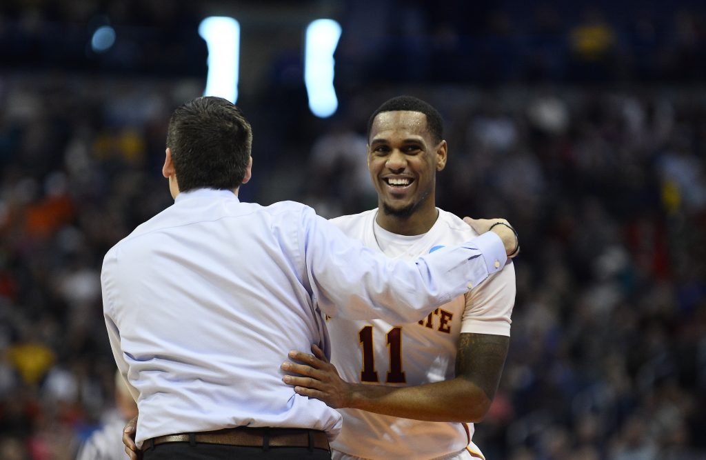 Mar 19, 2016; Denver , CO, USA; Iowa State Cyclones head coach Steve Prohm celebrates with Iowa State Cyclones guard Monte Morris (11) after Iowa State vs Arkansas Little Rock during the second round of the 2016 NCAA Tournament at Pepsi Center. Mandatory Credit: Ron Chenoy-USA TODAY Sports