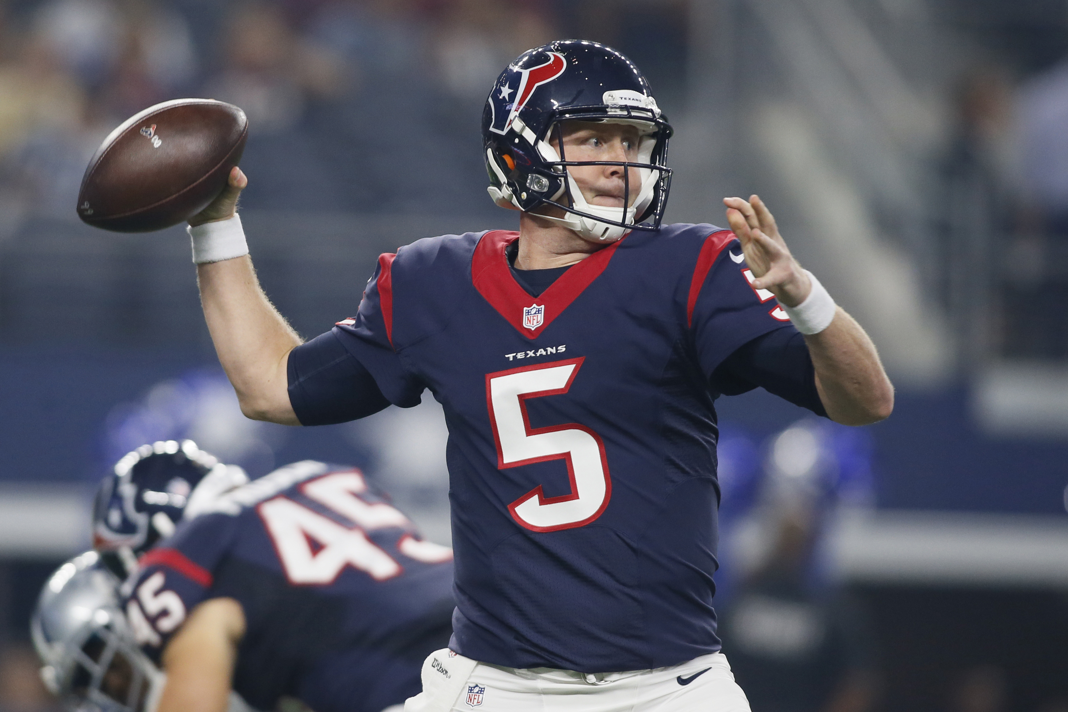 Sep 1, 2016; Arlington, TX, USA; Houston Texans quarterback Brandon Weeden (5) throws a pass in the game against the Dallas Cowboys at AT&T Stadium. Houston won 28-17. Mandatory Credit: Tim Heitman-USA TODAY Sports