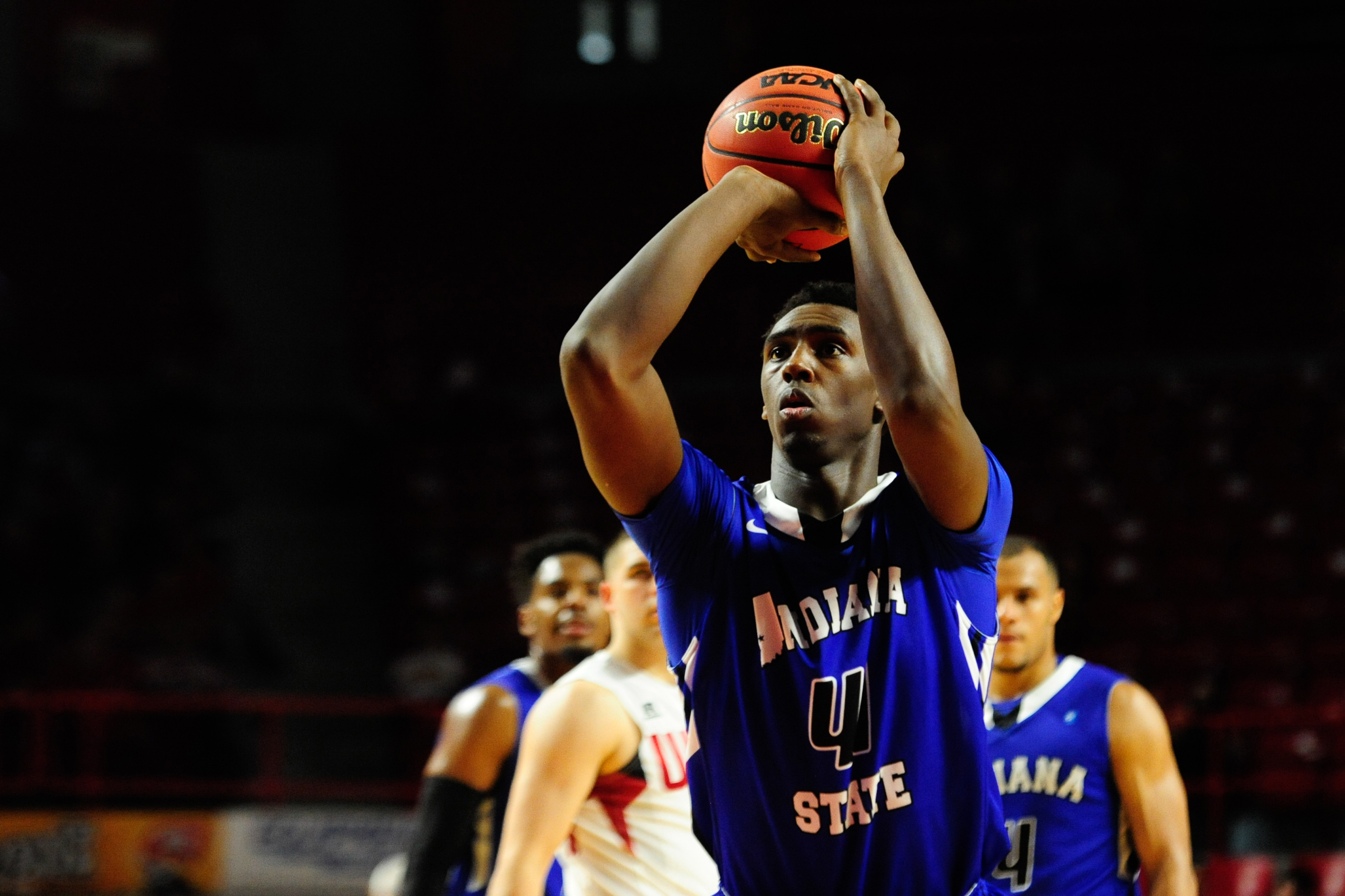 Dec 13, 2015; Bowling Green, KY, USA; Indiana State Sycamores guard Brenton Scott (4) shoots the ball during the first half against Western Kentucky Hilltoppers at E.A. Diddle Arena. Mandatory Credit: Joshua Lindsey-USA TODAY Sports