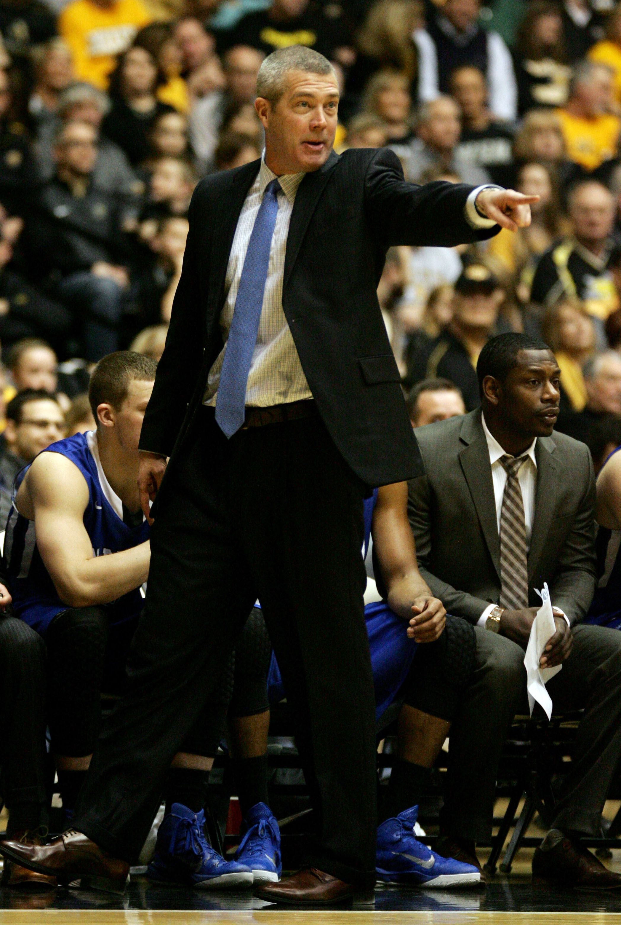 Feb 11, 2015; Wichita, KS, USA; Indiana State Sycamores head coach Greg Lansing instructs his team during the first half against the Indiana State Sycamores at Charles Koch Arena. Mandatory Credit: Scott Sewell-USA TODAY Sports