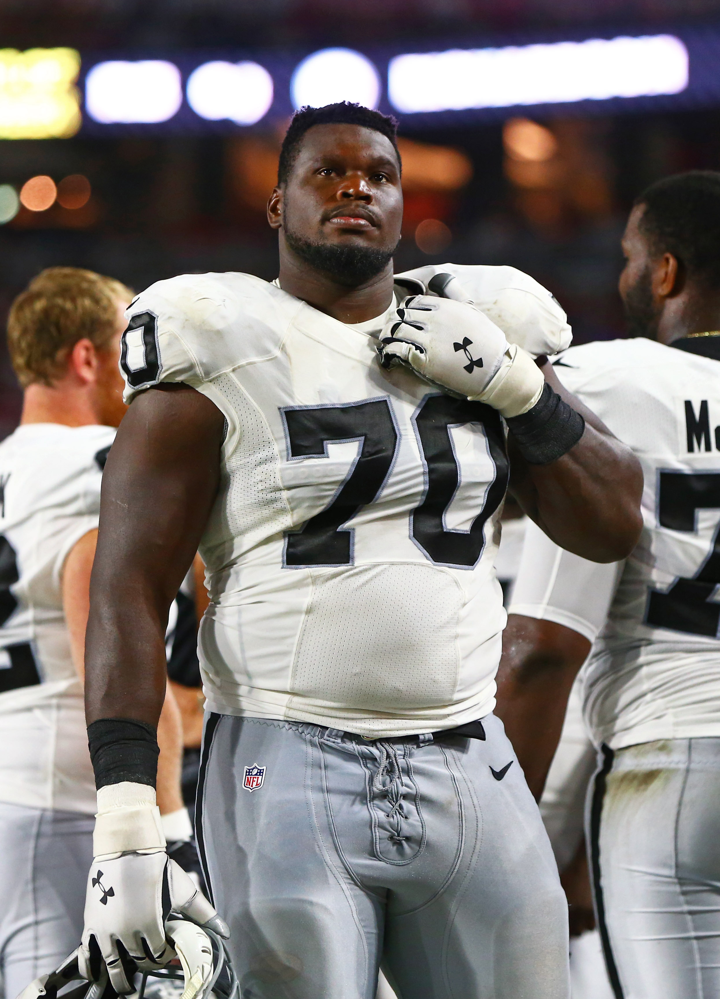 Aug 12, 2016; Glendale, AZ, USA; Oakland Raiders guard Kelechi Osemele (70) against the Arizona Cardinals during a preseason game at University of Phoenix Stadium. Mandatory Credit: Mark J. Rebilas-USA TODAY Sports