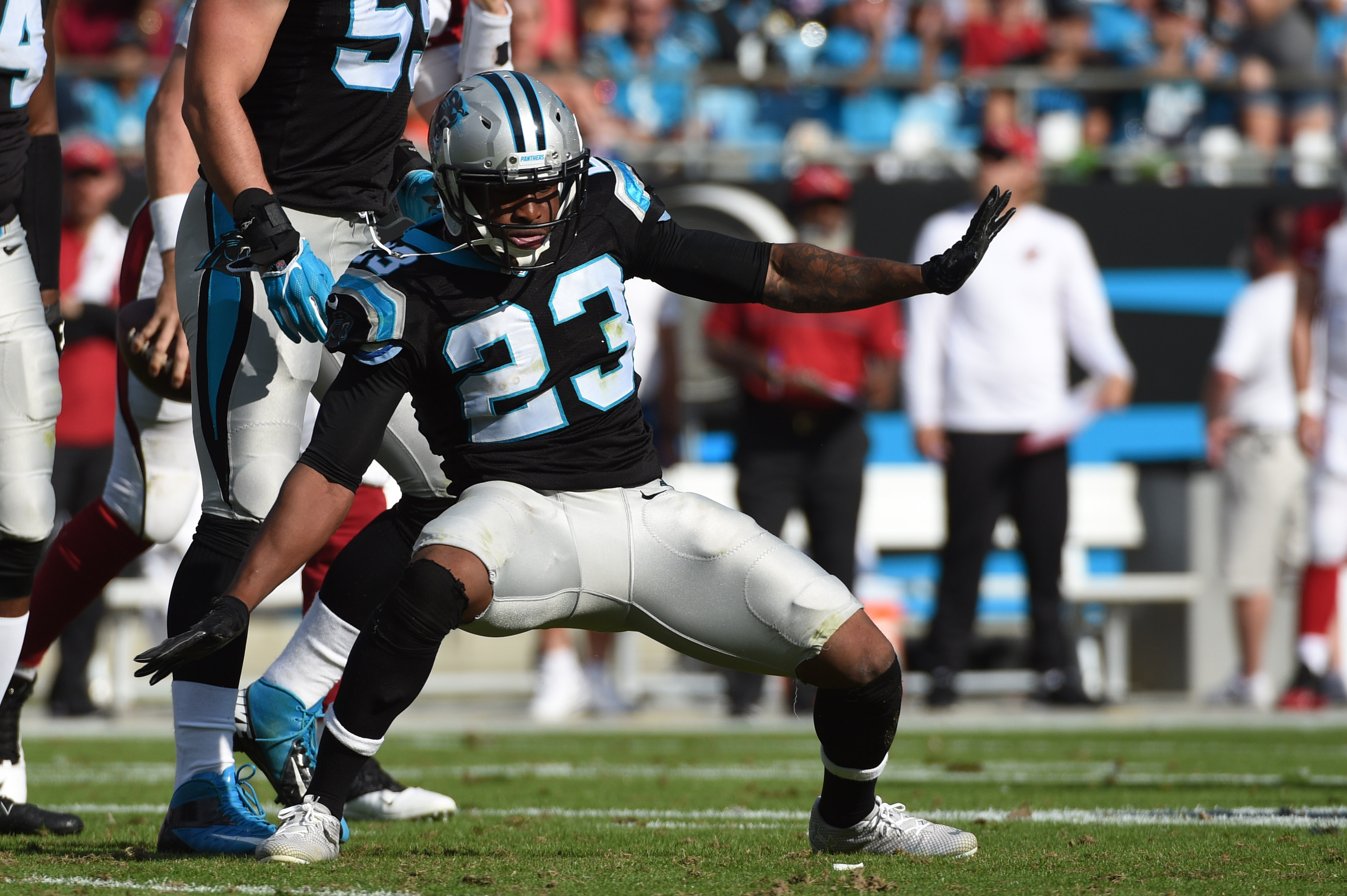 Oct 30, 2016; Charlotte, NC, USA; Carolina Panthers defensive back Leonard Johnson (23) reacts after sacking Arizona Cardinals quarterback Carson Palmer (3) (not pictured) in the third quarter at Bank of America Stadium. Mandatory Credit: Bob Donnan-USA TODAY Sports