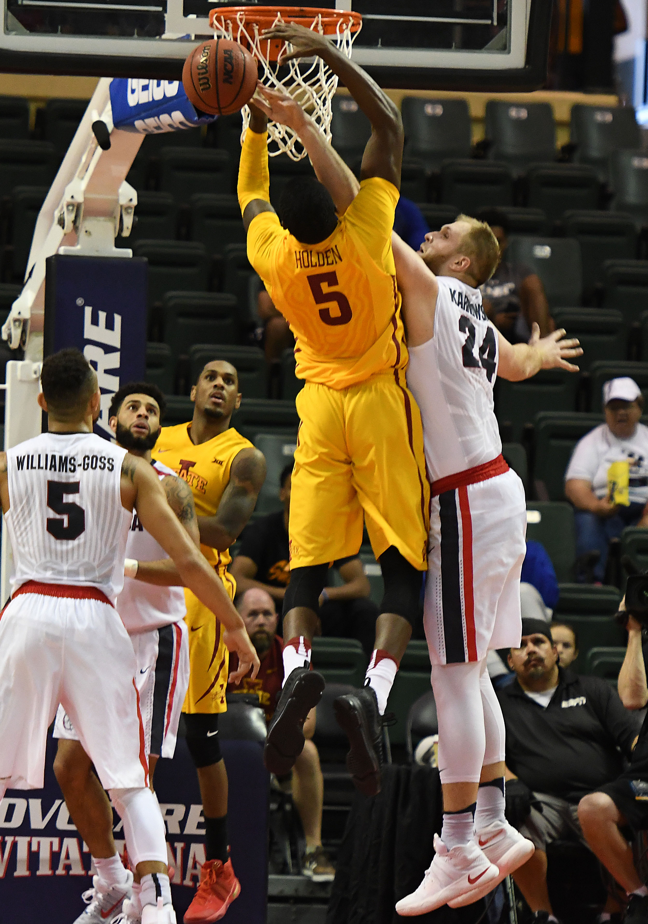 Nov 27, 2016; Kissimmee, FL, USA; Gonzaga center Przemek Karnowski (24) blocks the shot by Iowa State forward Merrill Holden (5) in the second half of the championship game of the 2016 Advocare Invitational at HP Field House. Gonzaga won 73-71. Mandatory Credit: Jonathan Dyer-USA TODAY Sports