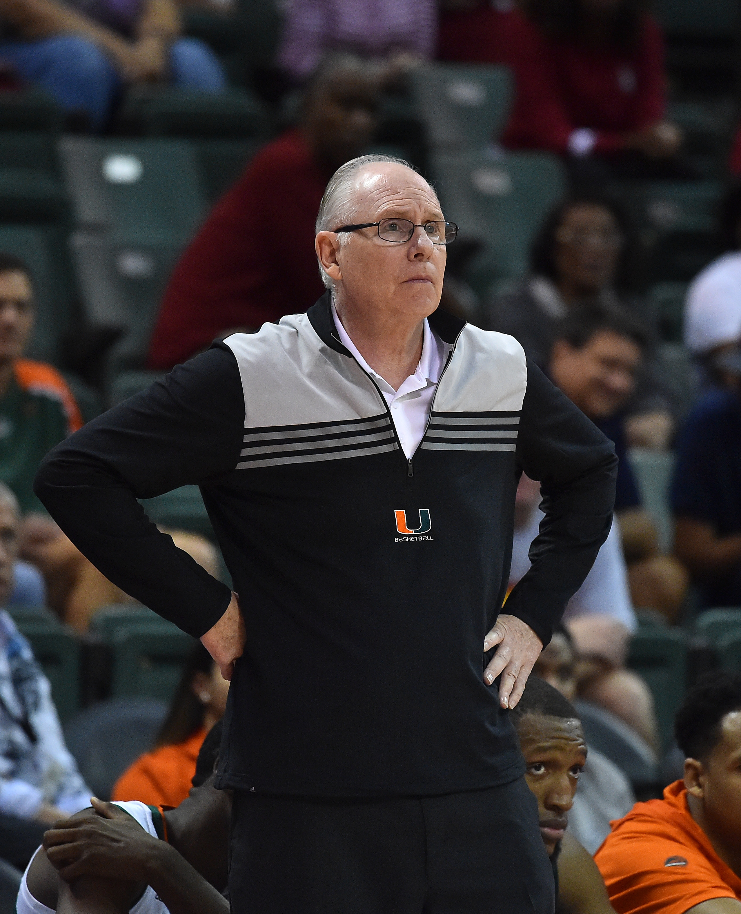 Nov 24, 2016; Kissimmee, FL, USA; Miami Hurricanes head coach Jim Larranaga looks on in the game against the Stanford Cardinal during the second half at HP Field House. The Miami Hurricanes defeat the Stanford Cardinal 67-53. Mandatory Credit: Jasen Vinlove-USA TODAY Sports
