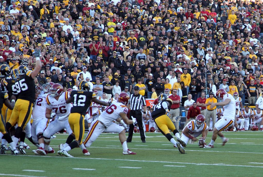Sep 13, 2014; Iowa City, IA, USA; Iowa State Cyclones kicker Cole Netten (1) makes a 42 yard field goal with 2 seconds left to beat the Iowa Hawkeyes at Kinnick Stadium. The Cyclones beat the Hawkeyes 20-17. Mandatory Credit: Reese Strickland-USA TODAY Sports