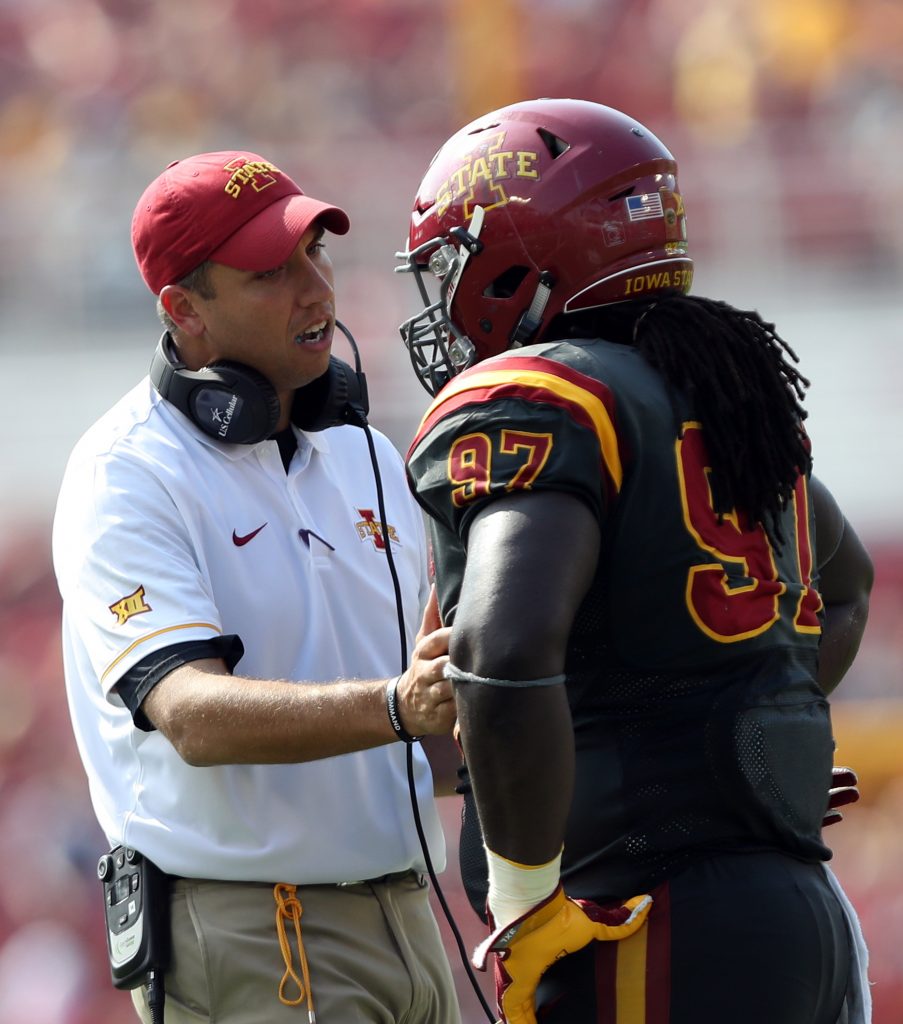 Sep 24, 2016; Ames, IA, USA; Iowa State Cyclones head coach Matt Campbell talks to Iowa State Cyclones defensive lineman Demond Tucker (97) during their game against the San Jose State Spartans at Jack Trice Stadium. Mandatory Credit: Reese Strickland-USA TODAY Sports