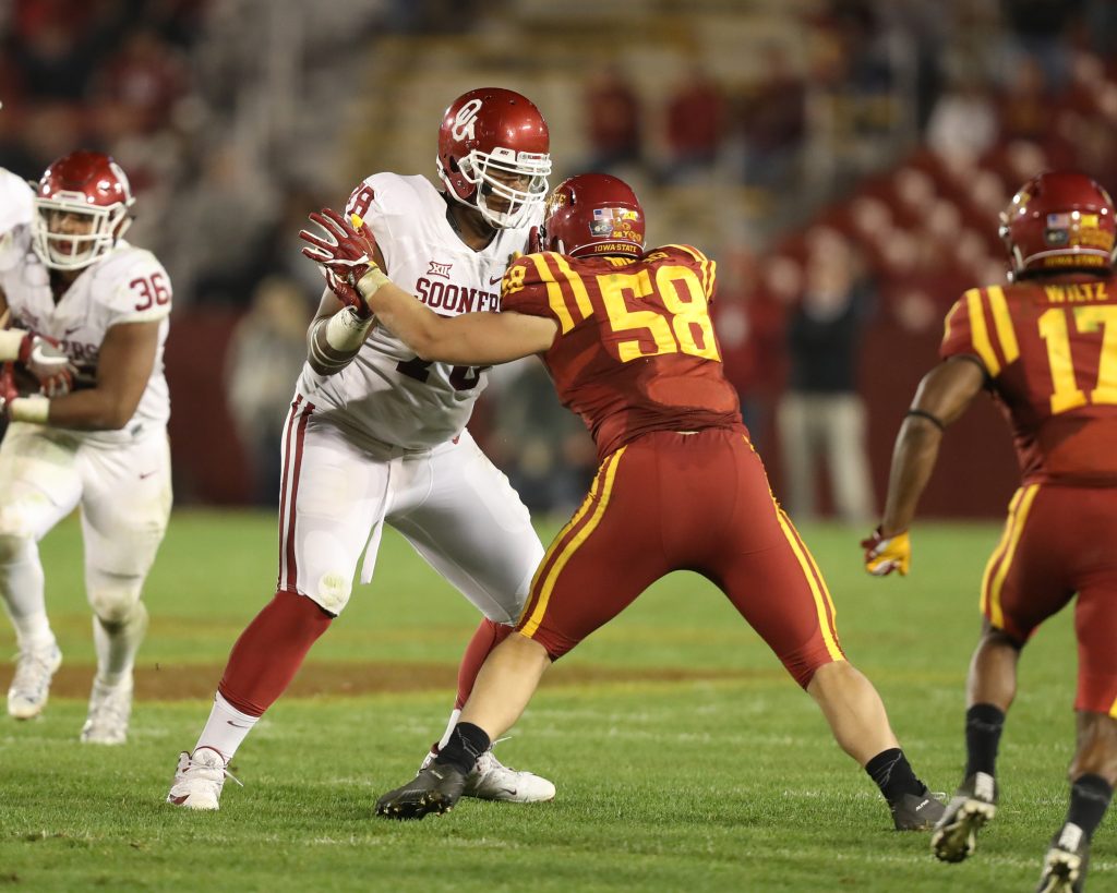 Nov 3, 2016; Ames, IA, USA; Oklahoma Sooners offensive tackle Orlando Brown (78) blocks Iowa State Cyclones defensive end Mitchell Meyers (58) at Jack Trice Stadium. Oklahoma beat Iowa State 34 to 24. Mandatory Credit: Reese Strickland-USA TODAY Sports