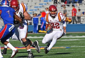Nov 12, 2016; Lawrence, KS, USA; Iowa State Cyclones running back David Montgomery (32) rushes up field against the Kansas Jayhawks during the second half at Memorial Stadium. Mandatory Credit: Peter G. Aiken-USA TODAY Sports