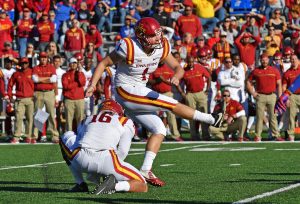 Nov 12, 2016; Lawrence, KS, USA; Iowa State Cyclones kicker Cole Netten (1) kicks a field goal against the Kansas Jayhawks during the second half at Memorial Stadium. Mandatory Credit: Peter G. Aiken-USA TODAY Sports