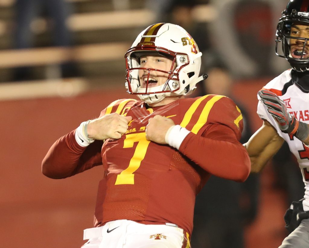 Nov 19, 2016; Ames, IA, USA; Iowa State Cyclones quarterback Joel Lanning (7) reacts after scoring one of his five touchdowns against the Texas Tech Red Raiders at Jack Trice Stadium. The Cyclones beat the Red Raiders 66-10. Mandatory Credit: Reese Strickland-USA TODAY Sports