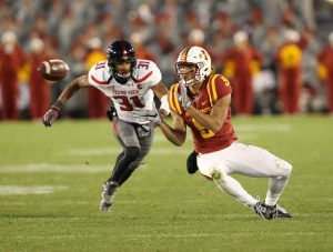 Nov 19, 2016; Ames, IA, USA; Iowa State Cyclones wide receiver Allen Lazard (5) catches a pass in front of Texas Tech Red Raiders defensive back Justis Nelson (31) at Jack Trice Stadium. The Cyclones beat the Red Raiders 66-10. Mandatory Credit: Reese Strickland-USA TODAY Sports