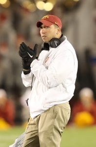 Nov 19, 2016; Ames, IA, USA; Iowa State Cyclones head coach Matt Campbell watches his team play the Texas Tech Red Raiders at Jack Trice Stadium. The Cyclones beat the Red Raiders 66 to 10. Mandatory Credit: Reese Strickland-USA TODAY Sports