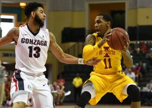 Nov 27, 2016; Kissimmee, FL, USA; Iowa State guard Monte Morris (11) looks to get past Gonzaga guard Josh Perkins (13) in the first half of the championship game of the 2016 Advocare Invitational at HP Field House. Mandatory Credit: Jonathan Dyer-USA TODAY Sports
