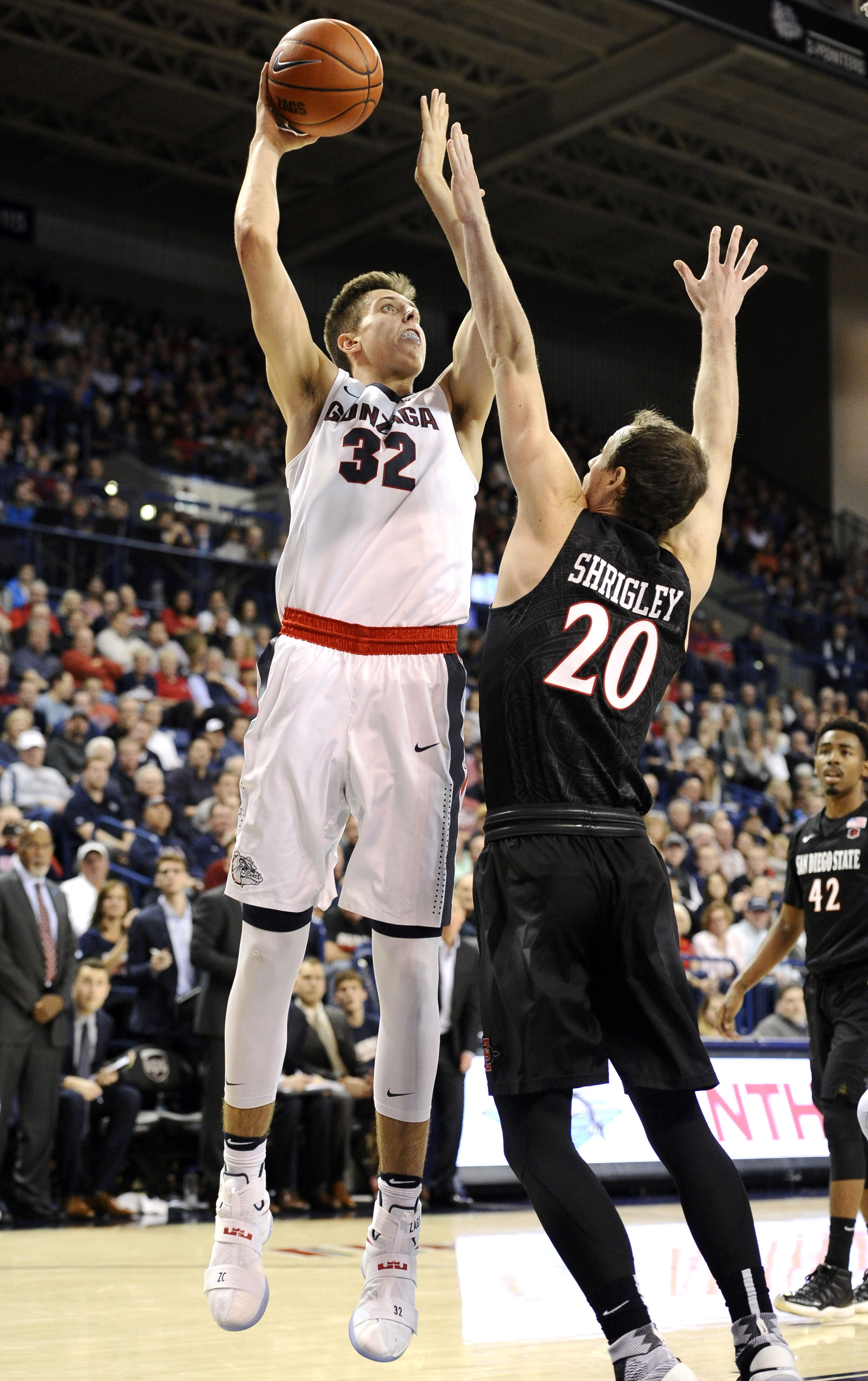 Nov 14, 2016; Spokane, WA, USA; Gonzaga Bulldogs forward Zach Collins (32) goes up for a shot against San Diego State Aztecs forward Matt Shrigley (20) during the first half at McCarthey Athletic Center. Mandatory Credit: James Snook-USA TODAY Sports