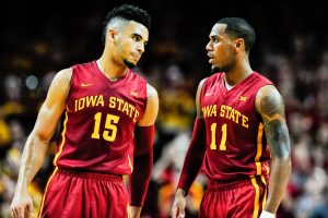 Dec 1, 2016; Ames, IA, USA; Iowa State Cyclones guard Nazareth Mitrou-Long (15) and guard Monte Morris (11) talk during the second half against the Cincinnati Bearcats at James H. Hilton Coliseum. Cincinnati won 55-54. Mandatory Credit: Jeffrey Becker-USA TODAY Sports